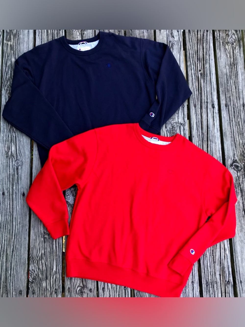2 Mens L CHAMPION Solid Red Navy Blue Pullover Crewneck Thick Fleece Sweatshirt